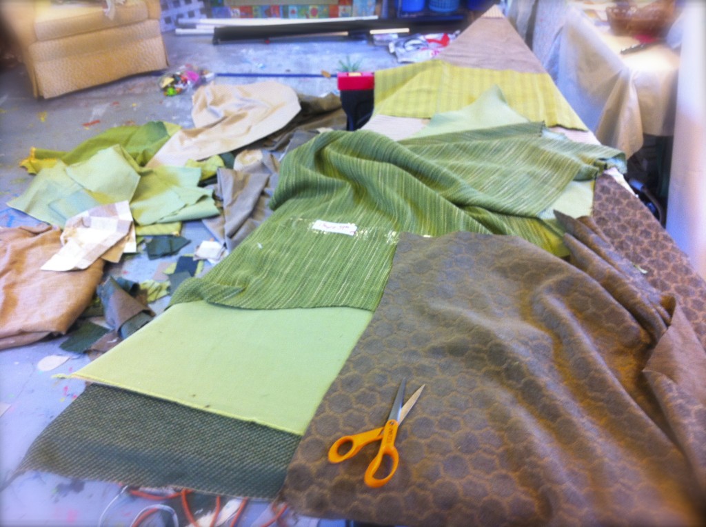 Step Four: Collect the fabric that you want to cover your trees. I stuck with a green/ brown palate . . . but you could get really creative here! I also went to the remnate section to get my fabric at a lower cost. 